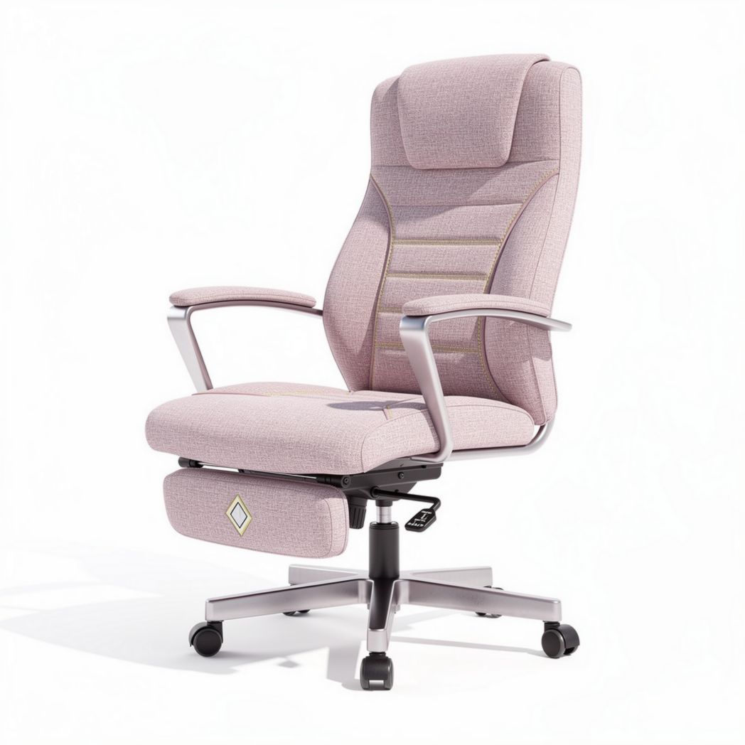 Fauteuil de bureau ergonomique rose en tissu avec accoudoirs pivots et roulettes