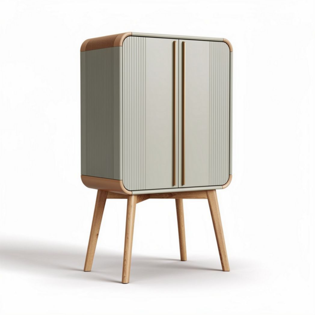 Meuble de rangement en bois et PVC gris 90 x 50 x 130cm avec pieds en bois naturel