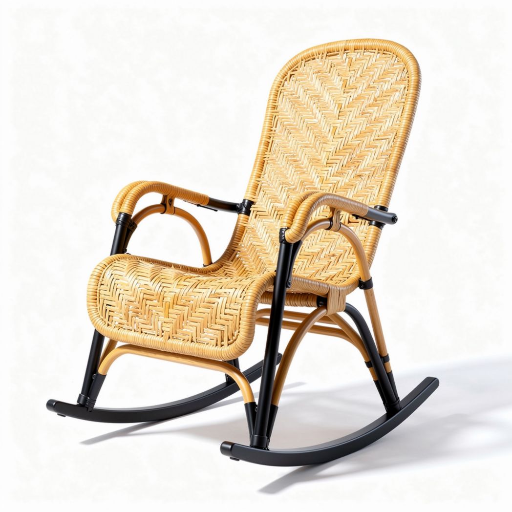 Chaise berçante en rotin tissé couleur naturelle avec cadre en métal noir dimensions 85 x 70 x 100 cm