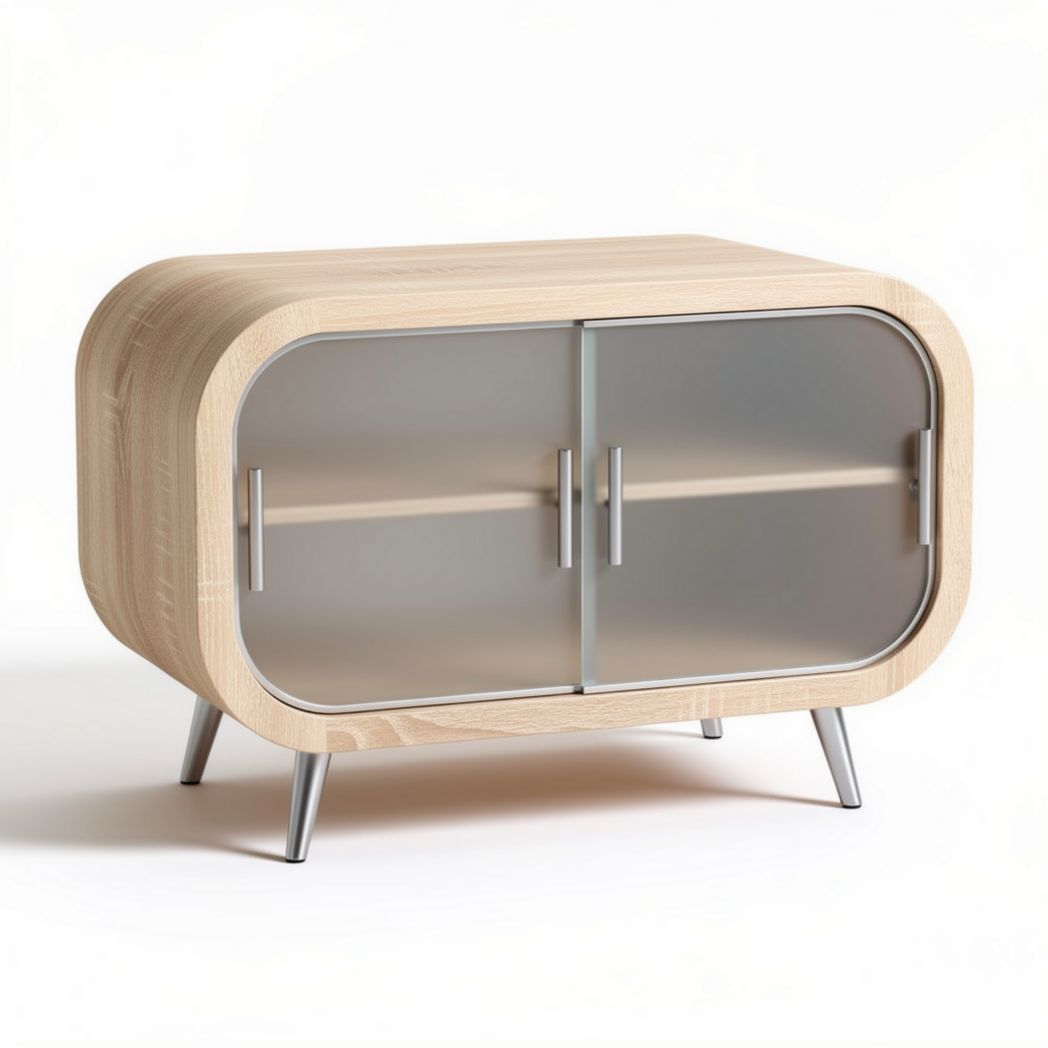 Buffet en bois de hêtre 80 x 40 x 50cm avec portes en verre dépoli et pieds métal argentés